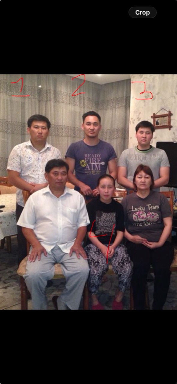 Marked family photo showing number six's children numbered 1 through 4