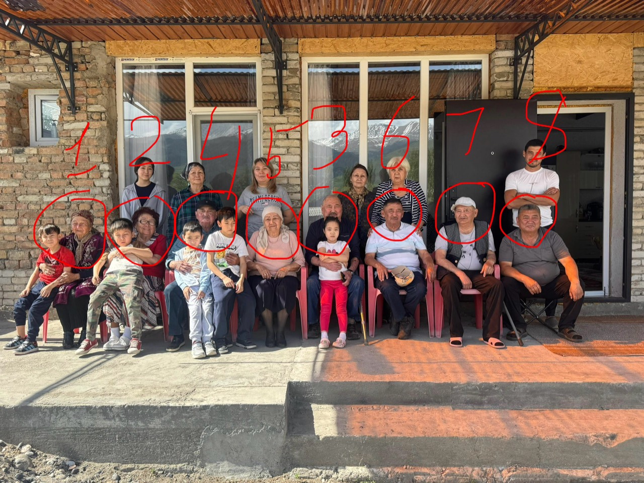 Marked family group photo showing children numbered 1 through 8